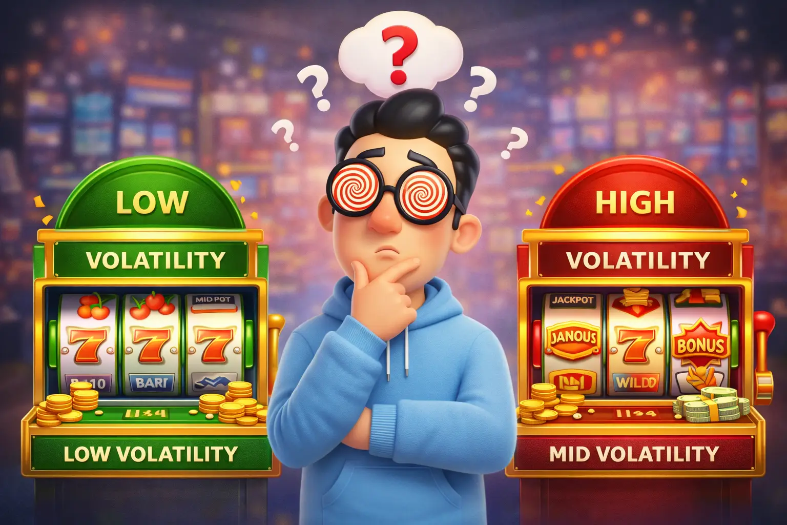 wildspinz mascot confused and thinking whether to play low or high volatility slots