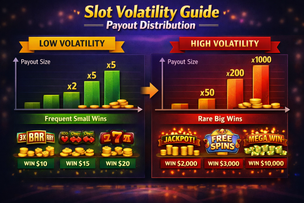 side by side payout volatility payout distribution comparison chart of low volatility vs high volatility games